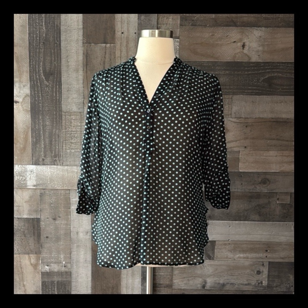 Cato black turquoise sheer polka dot top size 16 preppy Henley sophisticated